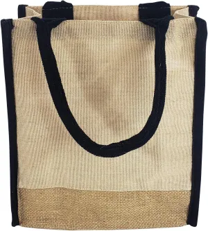 Reusable Jute Canvas Tote Bags w/Full Gusset Laminated Interior Hessian Burlap Bags for Work, School, Shopping, Daily Use, Black, Set of 12 - Medium (12”W x 12”H x 4”D)