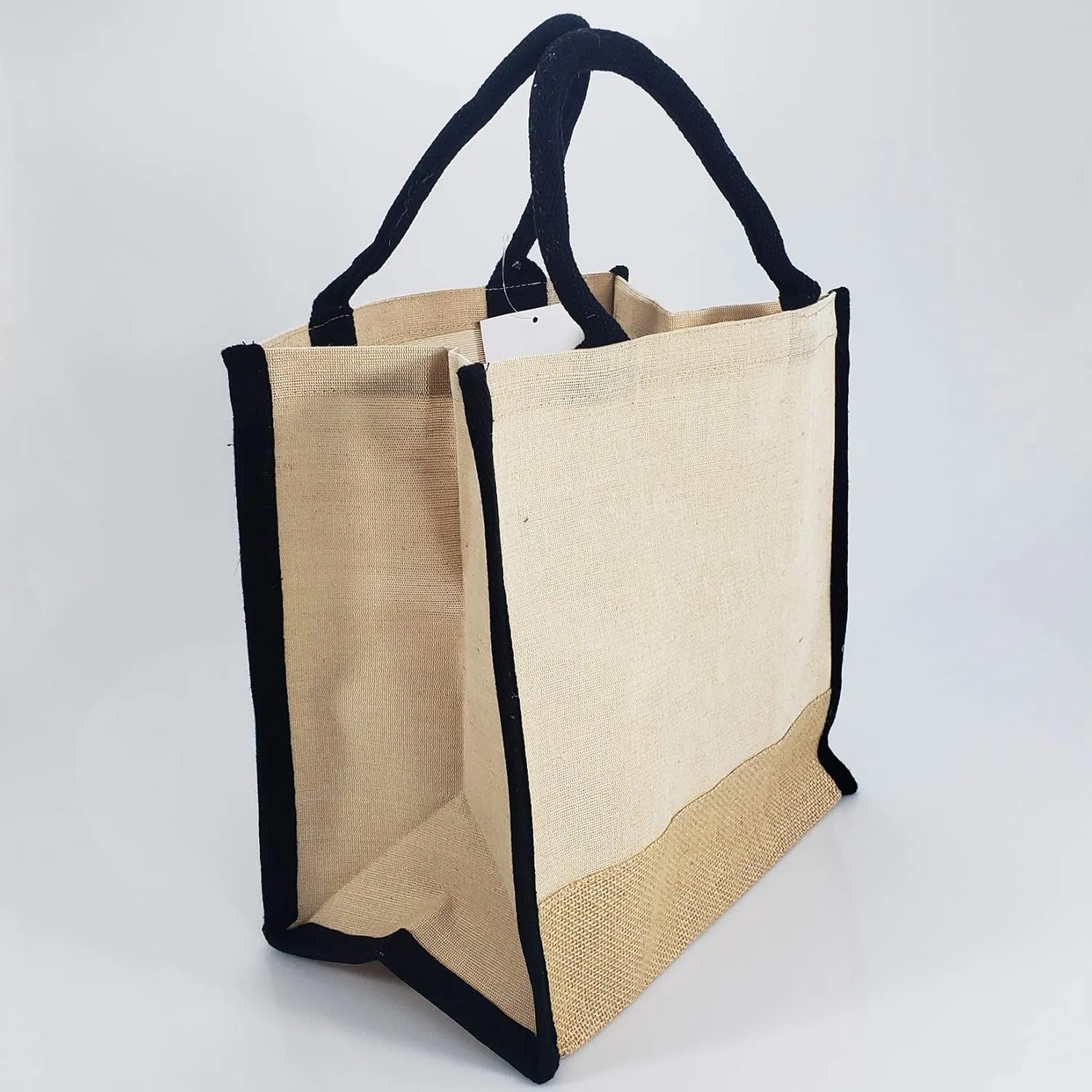 Reusable Jute Canvas Tote Bags w/Full Gusset Laminated Interior Hessian Burlap Bags for Work, School, Shopping, Daily Use, Black, Set of 12 - Medium (12”W x 12”H x 4”D)