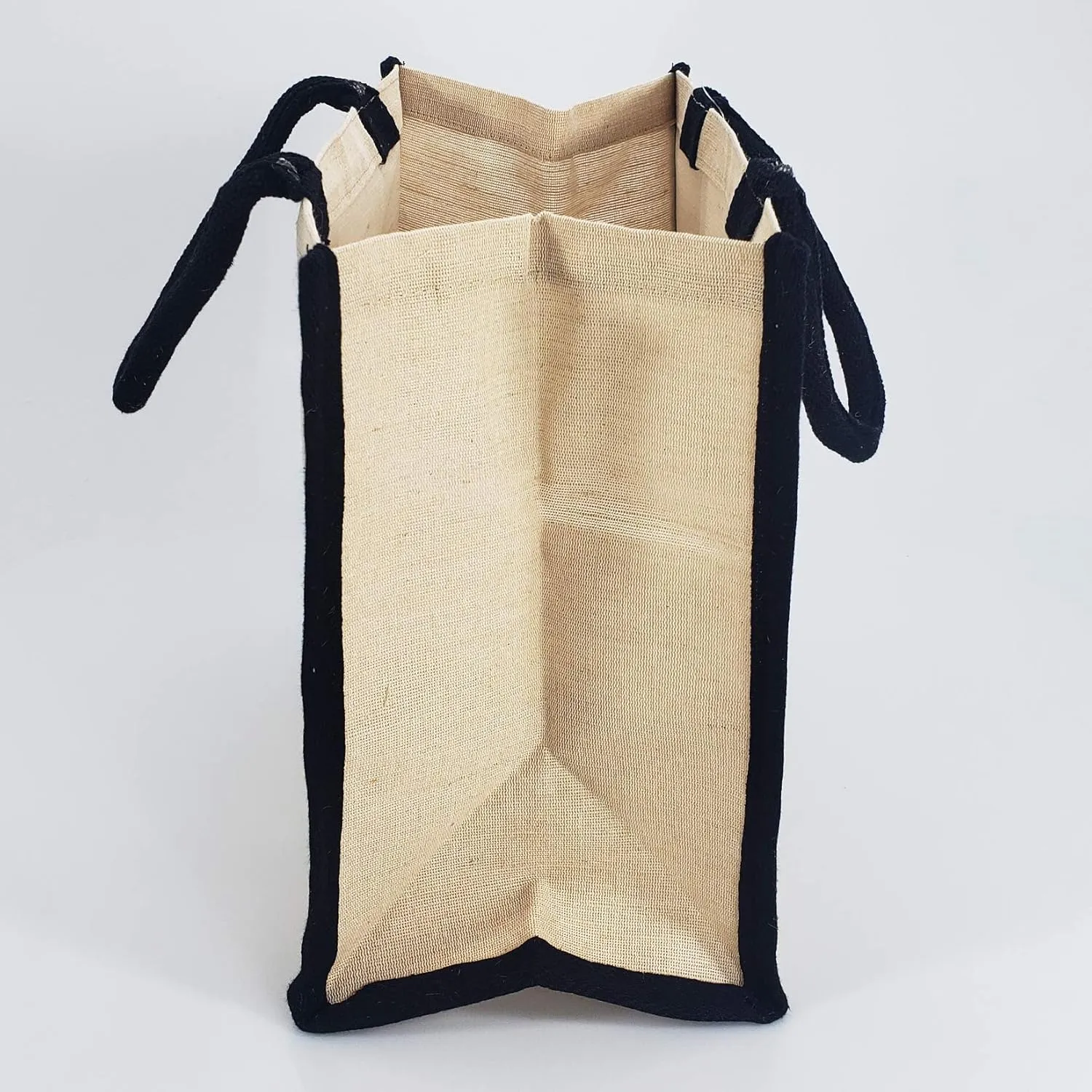 Reusable Jute Canvas Tote Bags w/Full Gusset Laminated Interior Hessian Burlap Bags for Work, School, Shopping, Daily Use, Black, Set of 12 - Medium (12”W x 12”H x 4”D)