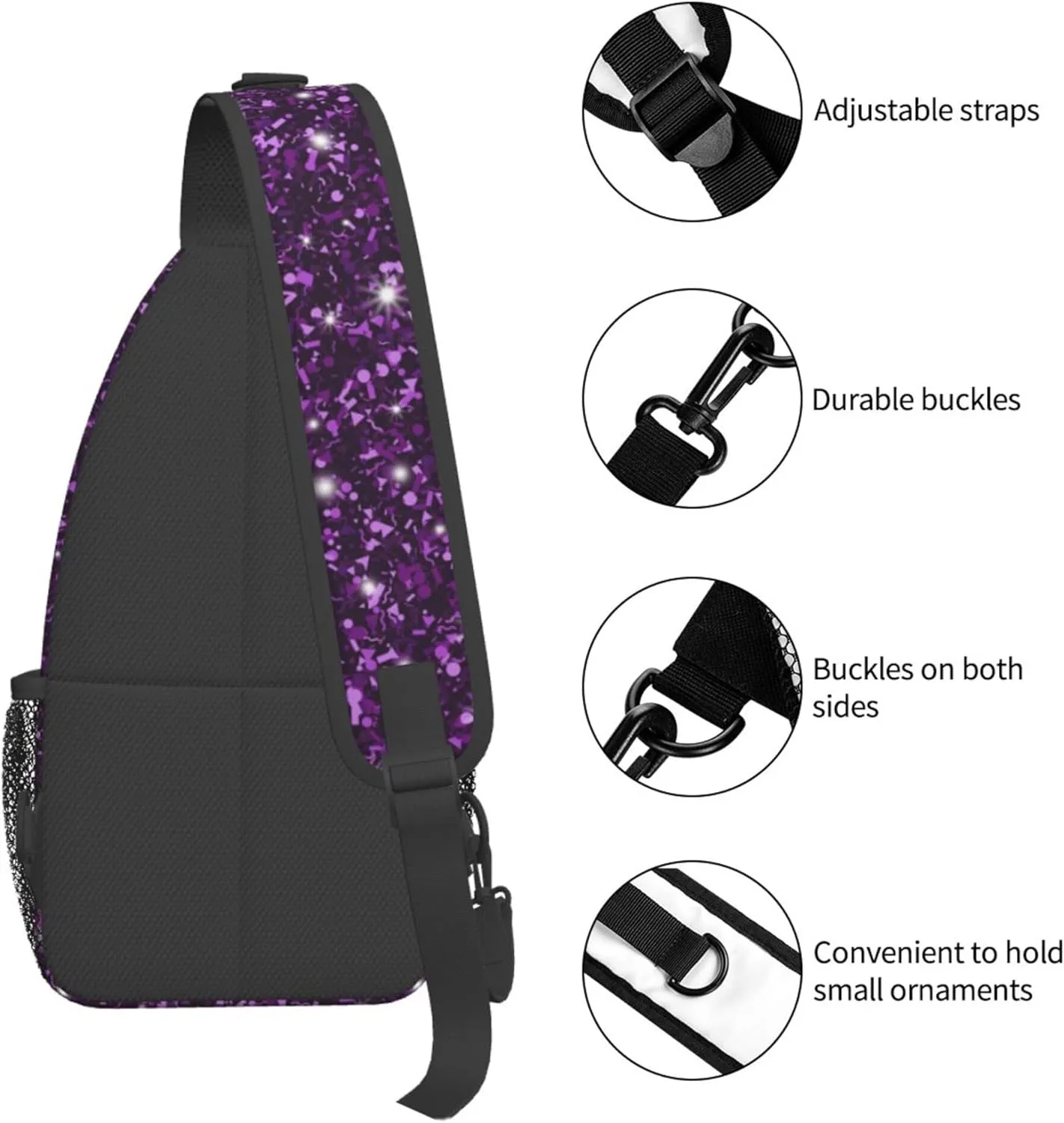 RIMENCH Beautiful Dark Purple Bling Glitter Sparkles Pattern Sling Bags Men and Women Shoulder Backpack Small Cross Body Chest Sling Backpack