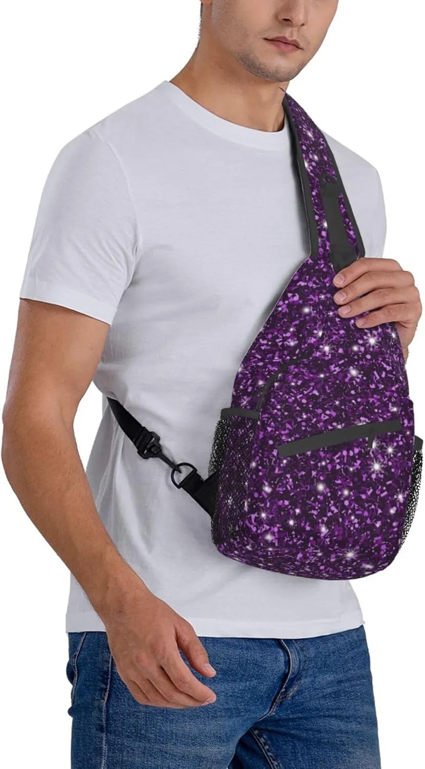 RIMENCH Beautiful Dark Purple Bling Glitter Sparkles Pattern Sling Bags Men and Women Shoulder Backpack Small Cross Body Chest Sling Backpack