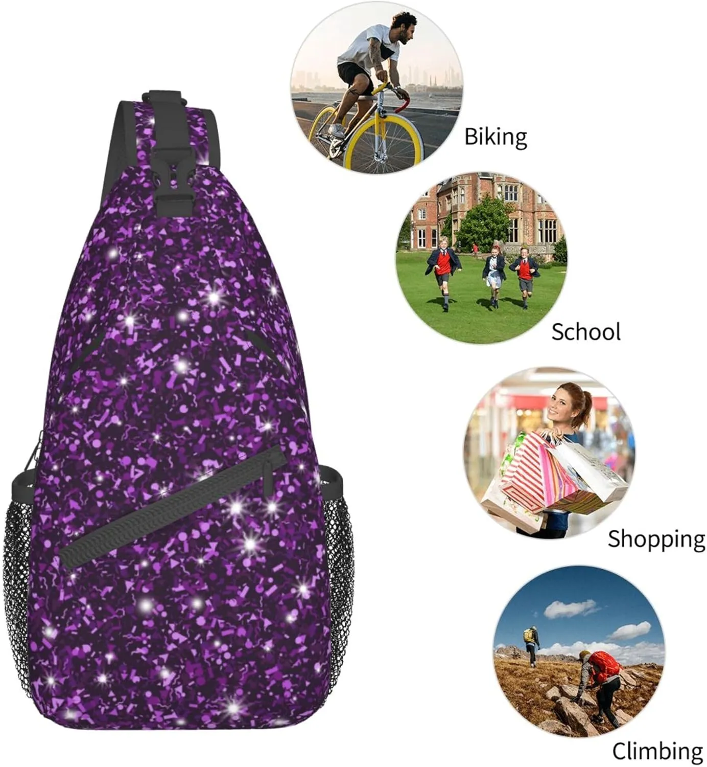 RIMENCH Beautiful Dark Purple Bling Glitter Sparkles Pattern Sling Bags Men and Women Shoulder Backpack Small Cross Body Chest Sling Backpack