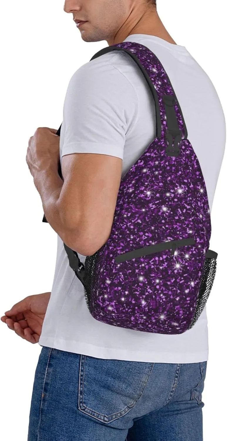 RIMENCH Beautiful Dark Purple Bling Glitter Sparkles Pattern Sling Bags Men and Women Shoulder Backpack Small Cross Body Chest Sling Backpack