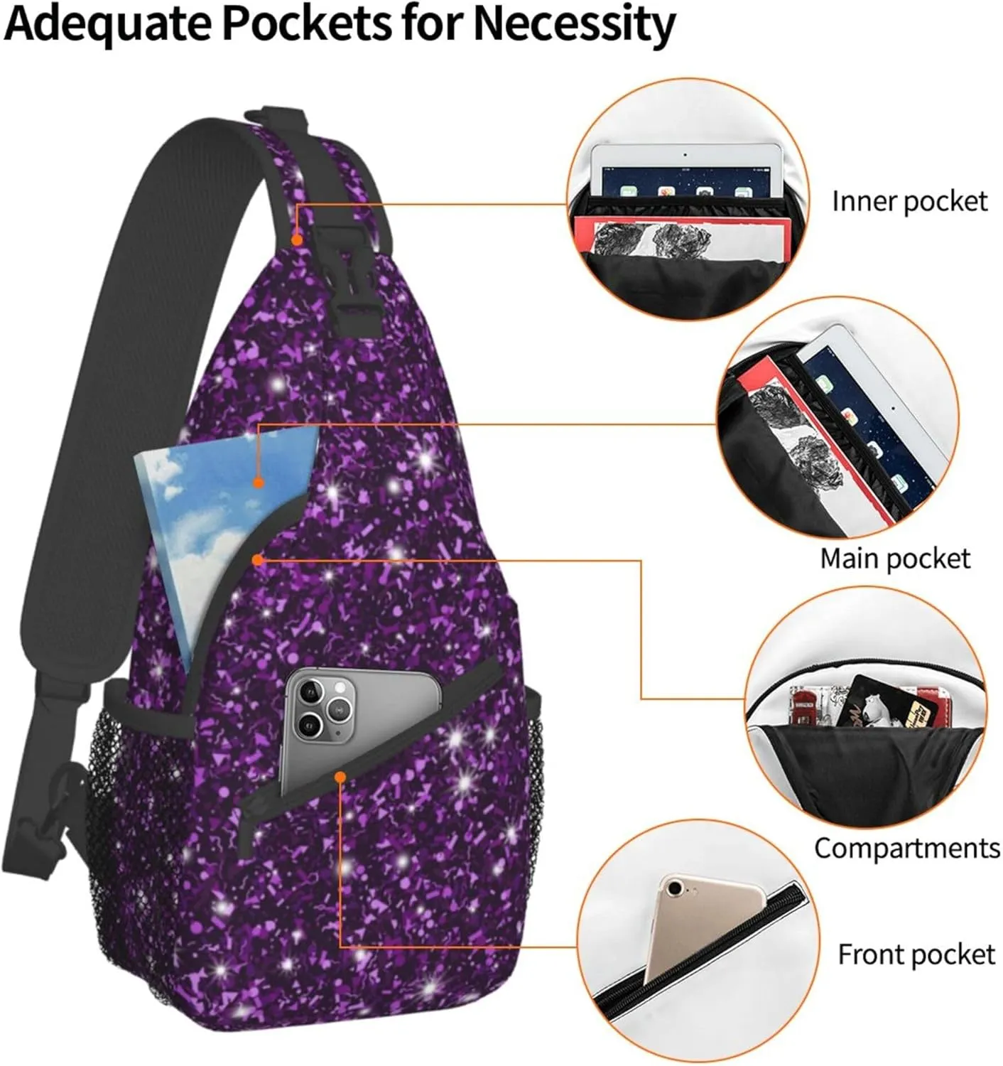 RIMENCH Beautiful Dark Purple Bling Glitter Sparkles Pattern Sling Bags Men and Women Shoulder Backpack Small Cross Body Chest Sling Backpack