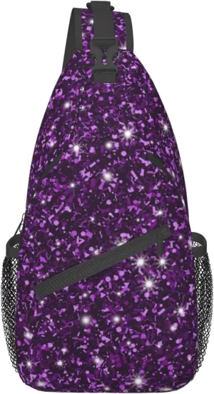 RIMENCH Beautiful Dark Purple Bling Glitter Sparkles Pattern Sling Bags Men and Women Shoulder Backpack Small Cross Body Chest Sling Backpack