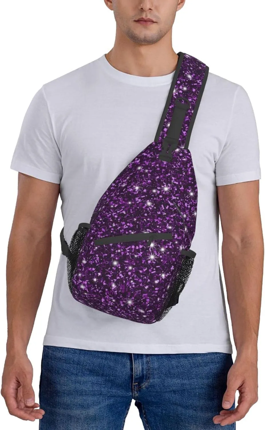 RIMENCH Beautiful Dark Purple Bling Glitter Sparkles Pattern Sling Bags Men and Women Shoulder Backpack Small Cross Body Chest Sling Backpack