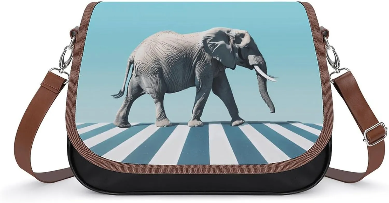 Road Elephant Crossing Funny Women's Crossbody Bags Novelty Leather Purse Handbag Shoulder Bag