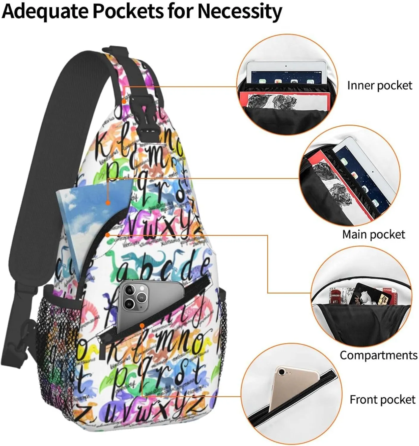Roarsome Rainbow Dinosaur Alphabet Chest Sling Bag Crossbody Shoulder Backpack Bag Gym Cycling Travel Hiking Daypack Cross Bag