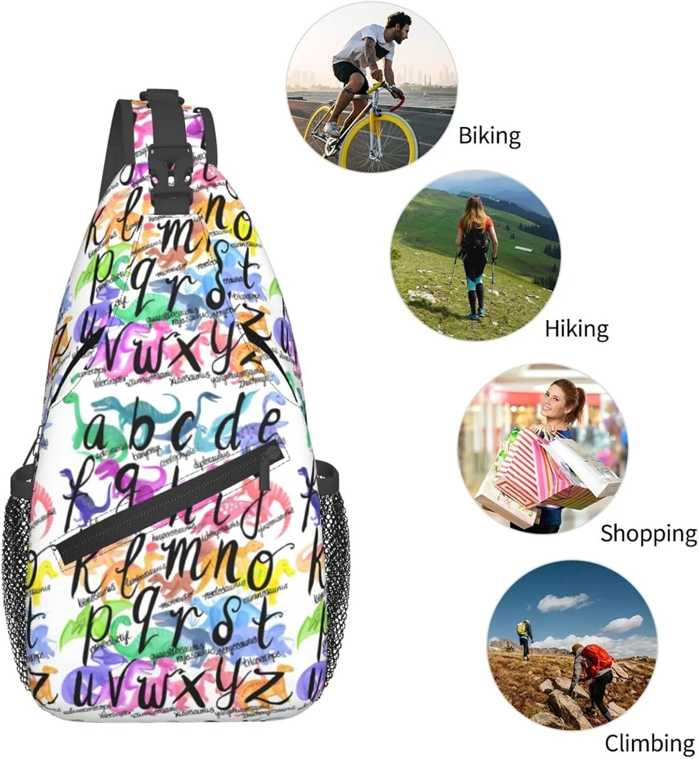 Roarsome Rainbow Dinosaur Alphabet Chest Sling Bag Crossbody Shoulder Backpack Bag Gym Cycling Travel Hiking Daypack Cross Bag