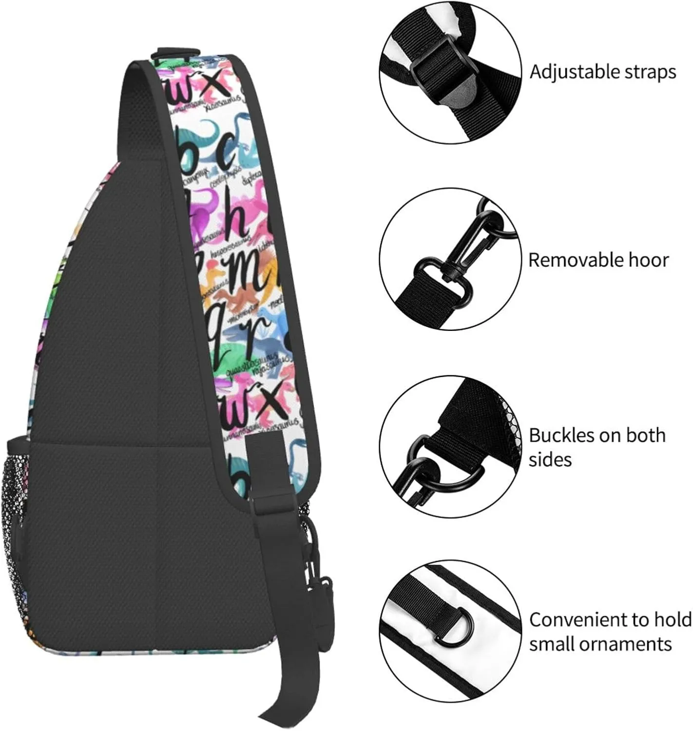Roarsome Rainbow Dinosaur Alphabet Chest Sling Bag Crossbody Shoulder Backpack Bag Gym Cycling Travel Hiking Daypack Cross Bag