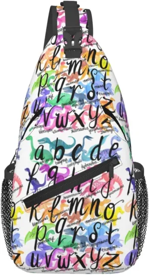 Roarsome Rainbow Dinosaur Alphabet Chest Sling Bag Crossbody Shoulder Backpack Bag Gym Cycling Travel Hiking Daypack Cross Bag