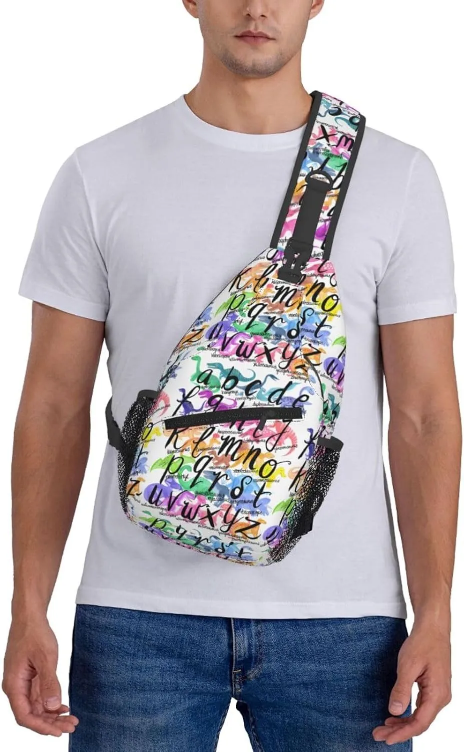 Roarsome Rainbow Dinosaur Alphabet Chest Sling Bag Crossbody Shoulder Backpack Bag Gym Cycling Travel Hiking Daypack Cross Bag