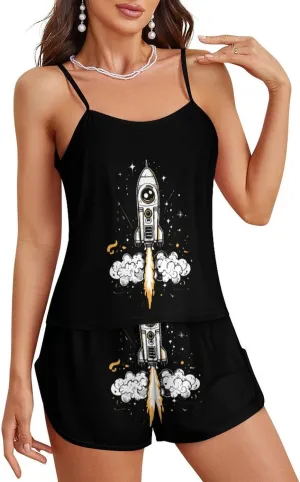 Rocket Ship Launch Women's Strap Pajama Set Silk Pajamas for Summer