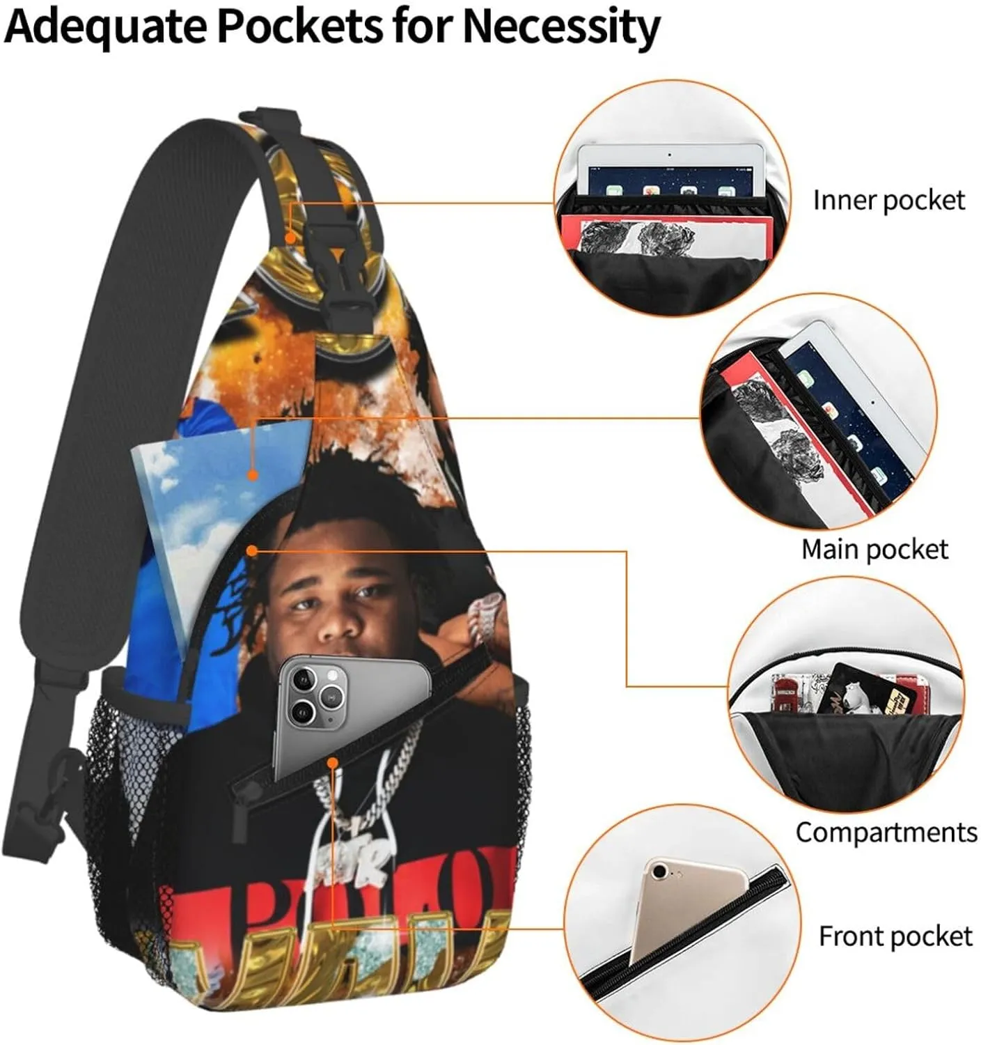 Rod Music Wave Fashion Casual Crossbody Bag Chest Bag Sling Bag Travel Daypack For Women Men Black