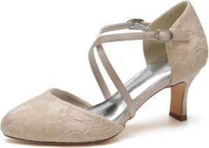 Roimaash Vintage Flower Satin Wedding Pumps Round Toe Criss Cross