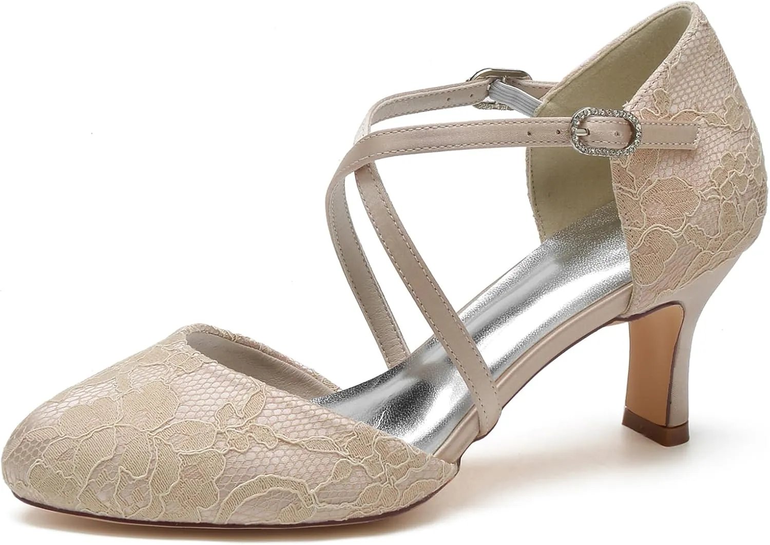 Roimaash Vintage Flower Satin Wedding Pumps Round Toe Criss Cross