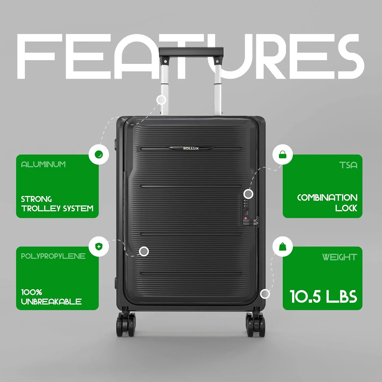 Rollux Collapsible Suitcase with Wheels, Water and Impact Resistant Hard Shell Luggage with Silent Double Spinner Wheels, 24 Inch Luggage with TSA Lock, [24 inch] – Black