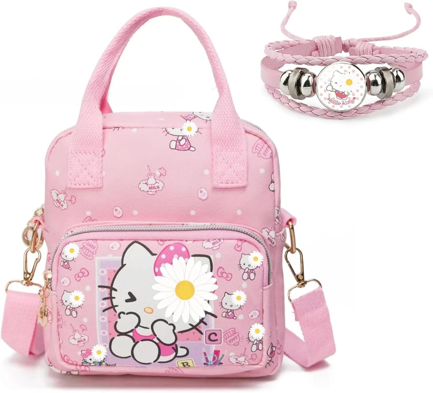 Rondlaho Kawaii Kitty PU Crossbody Bag with Handles Adjustable Shoulder Strap and Bracelet, Handbag with Zipper, Wallet Purse