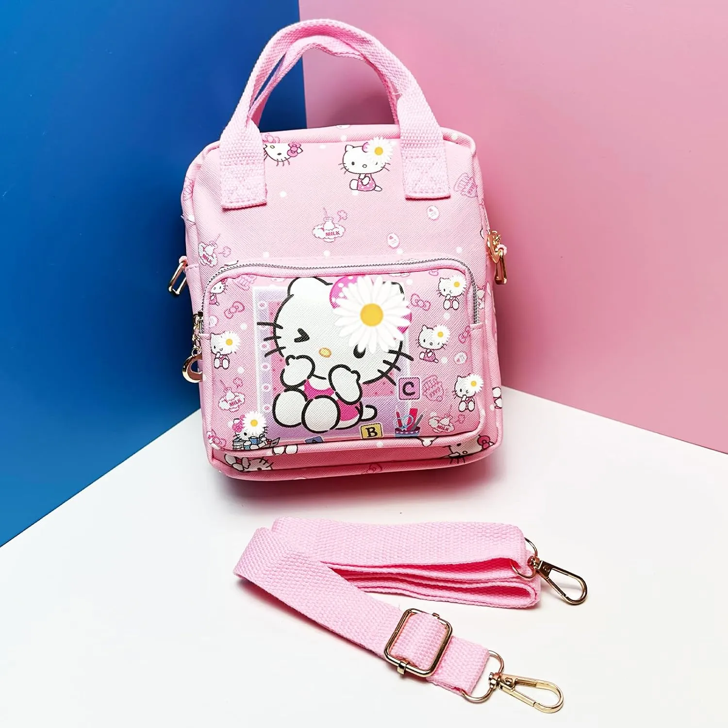 Rondlaho Kawaii Kitty PU Crossbody Bag with Handles Adjustable Shoulder Strap and Bracelet, Handbag with Zipper, Wallet Purse