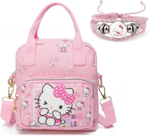 Rondlaho Kawaii Kitty PU Crossbody Bag with Handles Adjustable Shoulder Strap and Bracelet, Handbag with Zipper, Wallet Purse