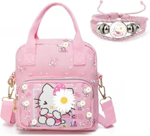 Rondlaho Kawaii Kitty PU Crossbody Bag with Handles Adjustable Shoulder Strap and Bracelet, Handbag with Zipper, Wallet Purse