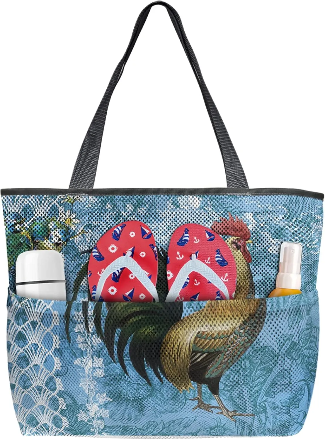 Rooster Farm Animal Beach Tote Bag for Women, Retro Blue Backdrop Mesh Beach Bags Waterproof Sandproof, Outdoor Picnic Swim Pool Handbag - Large Beach Bag with Zipper and Pockets
