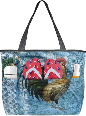 Rooster Farm Animal Beach Tote Bag for Women, Retro Blue Backdrop Mesh Beach Bags Waterproof Sandproof, Outdoor Picnic Swim Pool Handbag - Large Beach Bag with Zipper and Pockets