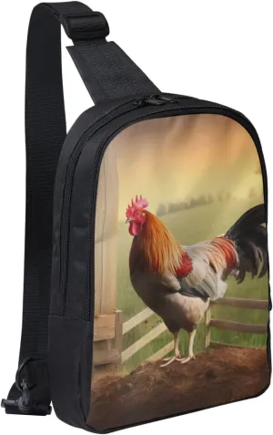 Rooster on Wood Crossbody Bag in Farmland Prints Crossbody Bag for Men Women Kids Lightweight Shoulder Bag for Runners Hiking Cycling Travel Black One Size