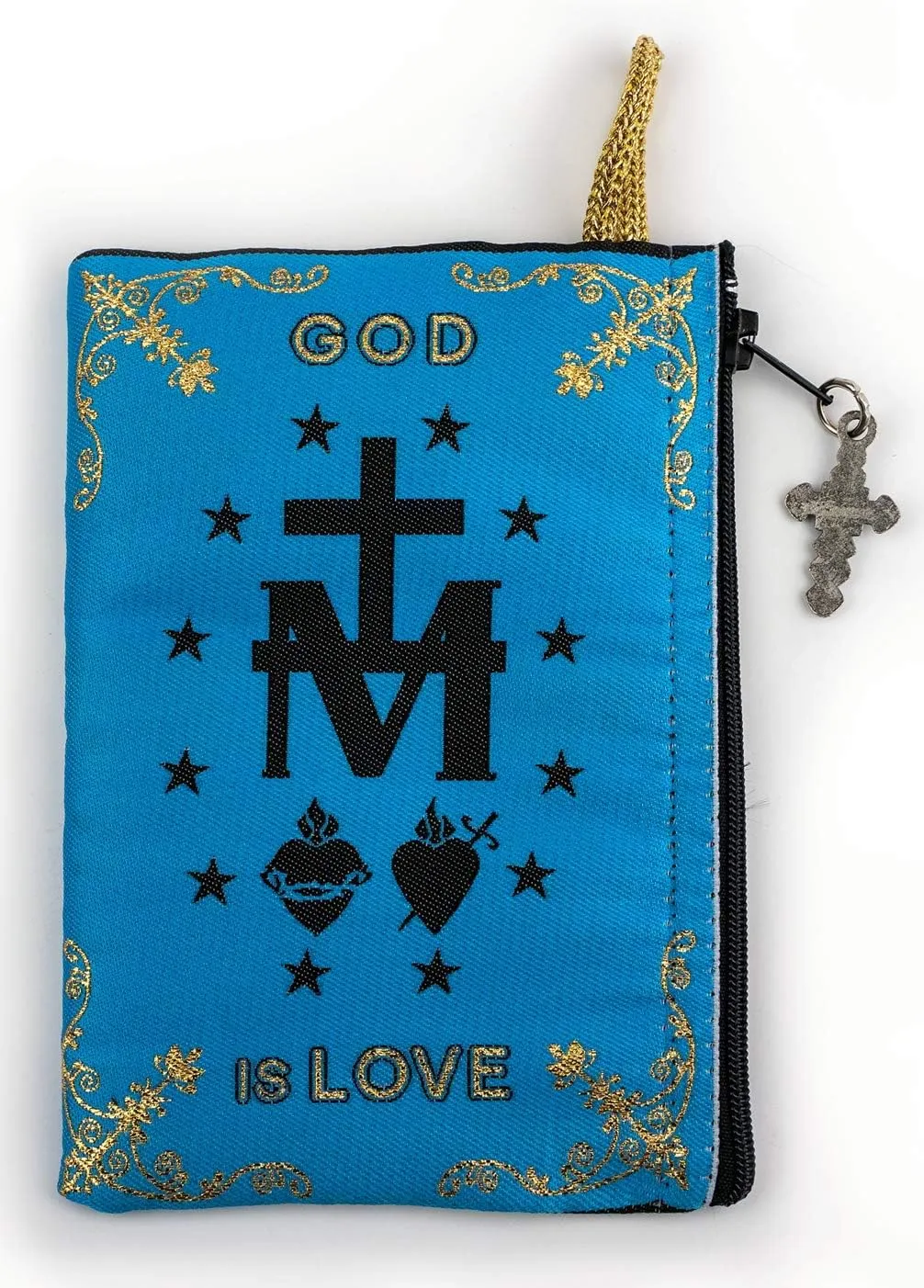 Rosary Pouch with Olive Wood Catholic Rope Rosary from Israel, Our Lady of Grace & Miraculous Medal Symbol Woven Fabric Tapestry Style Icon Travel Bag, Religious Catholic Gift Set