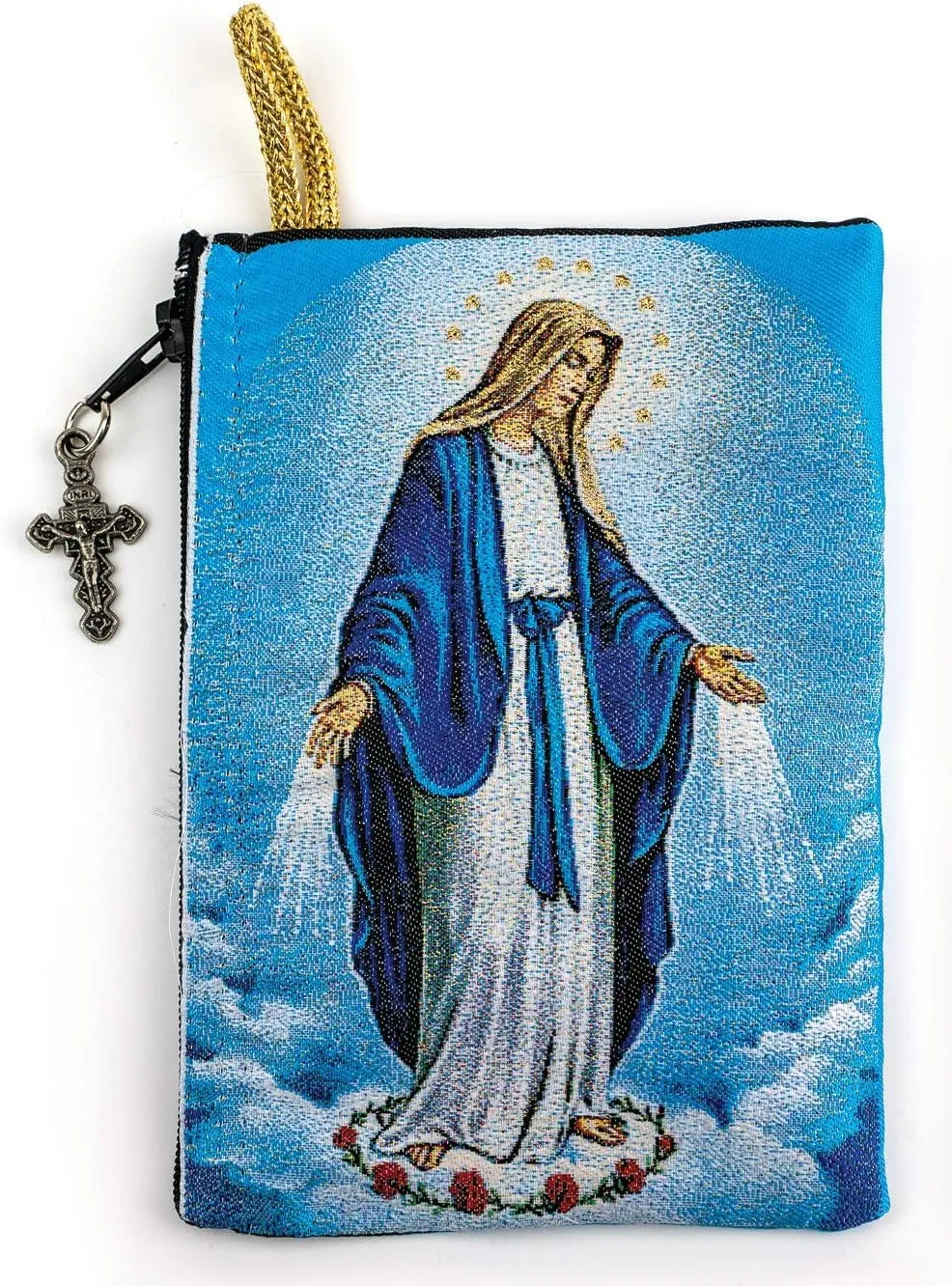 Rosary Pouch with Olive Wood Catholic Rope Rosary from Israel, Our Lady of Grace & Miraculous Medal Symbol Woven Fabric Tapestry Style Icon Travel Bag, Religious Catholic Gift Set