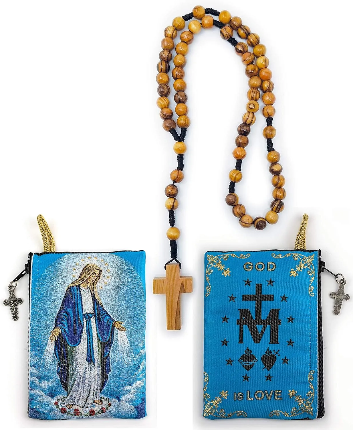 Rosary Pouch with Olive Wood Catholic Rope Rosary from Israel, Our Lady of Grace & Miraculous Medal Symbol Woven Fabric Tapestry Style Icon Travel Bag, Religious Catholic Gift Set