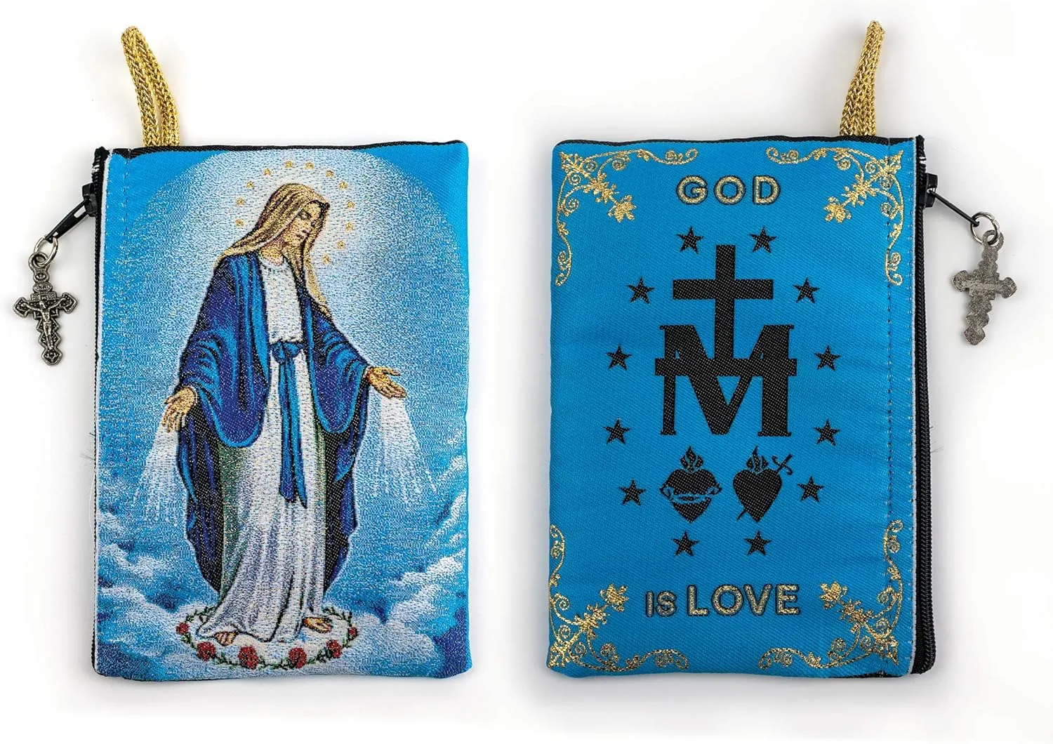 Rosary Pouch with Olive Wood Catholic Rope Rosary from Israel, Our Lady of Grace & Miraculous Medal Symbol Woven Fabric Tapestry Style Icon Travel Bag, Religious Catholic Gift Set
