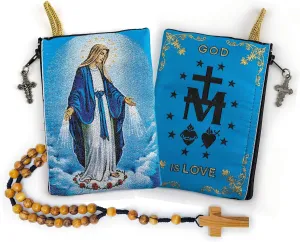 Rosary Pouch with Olive Wood Catholic Rope Rosary from Israel, Our Lady of Grace & Miraculous Medal Symbol Woven Fabric Tapestry Style Icon Travel Bag, Religious Catholic Gift Set