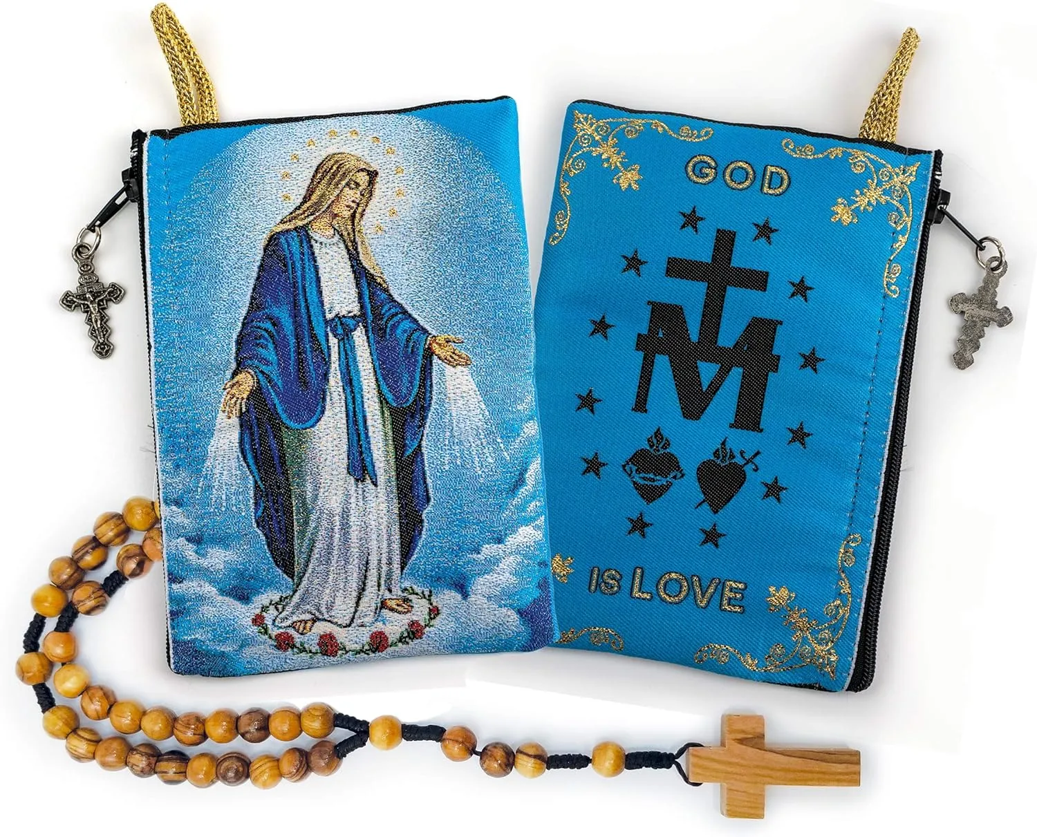 Rosary Pouch with Olive Wood Catholic Rope Rosary from Israel, Our Lady of Grace & Miraculous Medal Symbol Woven Fabric Tapestry Style Icon Travel Bag, Religious Catholic Gift Set