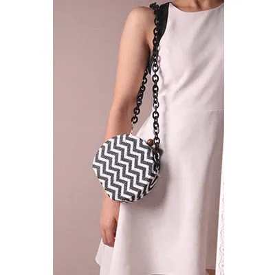 Round Woven Straw Bag Handbag Acrylic Chain Clip Bag Evening Clutch Shoulder Bags For Women Strip Resin Strap Wood Handle 2019