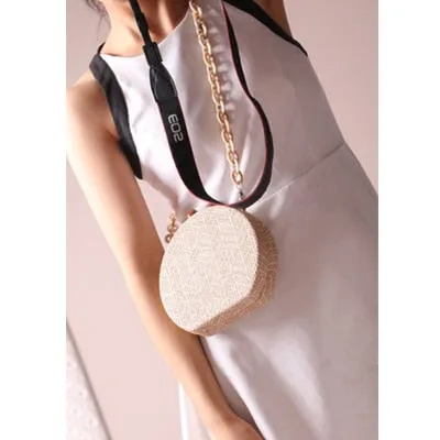 Round Woven Straw Bag Handbag Acrylic Chain Clip Bag Evening Clutch Shoulder Bags For Women Strip Resin Strap Wood Handle 2019