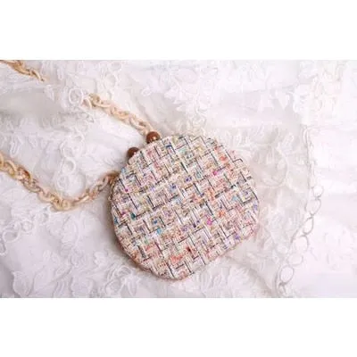 Round Woven Straw Bag Handbag Acrylic Chain Clip Bag Evening Clutch Shoulder Bags For Women Strip Resin Strap Wood Handle 2019