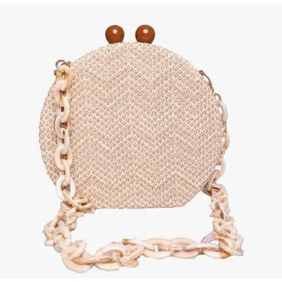 Round Woven Straw Bag Handbag Acrylic Chain Clip Bag Evening Clutch Shoulder Bags For Women Strip Resin Strap Wood Handle 2019