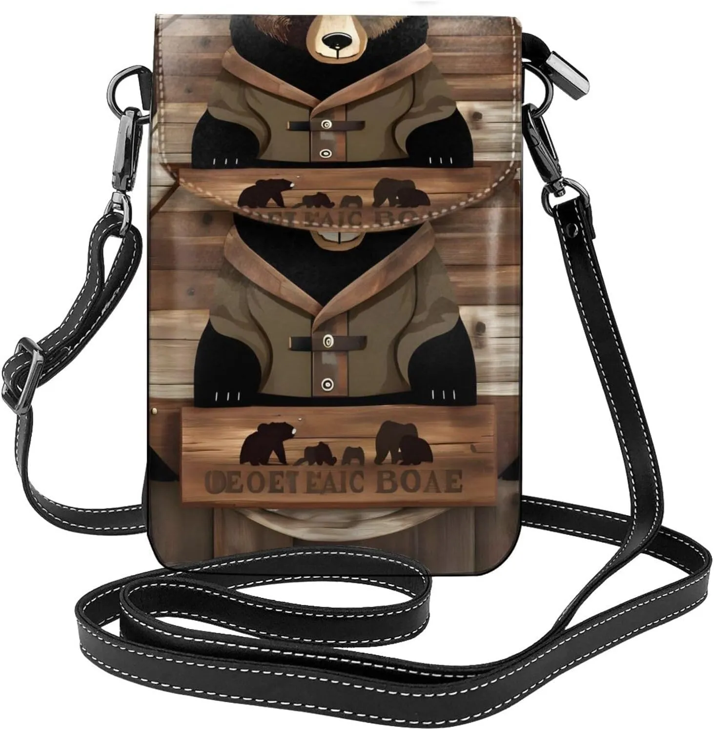 Rustic Lodge Bear Zippered Crossbody Bag, Women'S Shoulder Bag With Card Slot, Removable Shoulder Strap, 7.6 X 4.9 In., Black