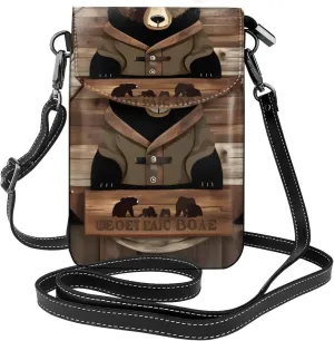 Rustic Lodge Bear Zippered Crossbody Bag, Women'S Shoulder Bag With Card Slot, Removable Shoulder Strap, 7.6 X 4.9 In., Black