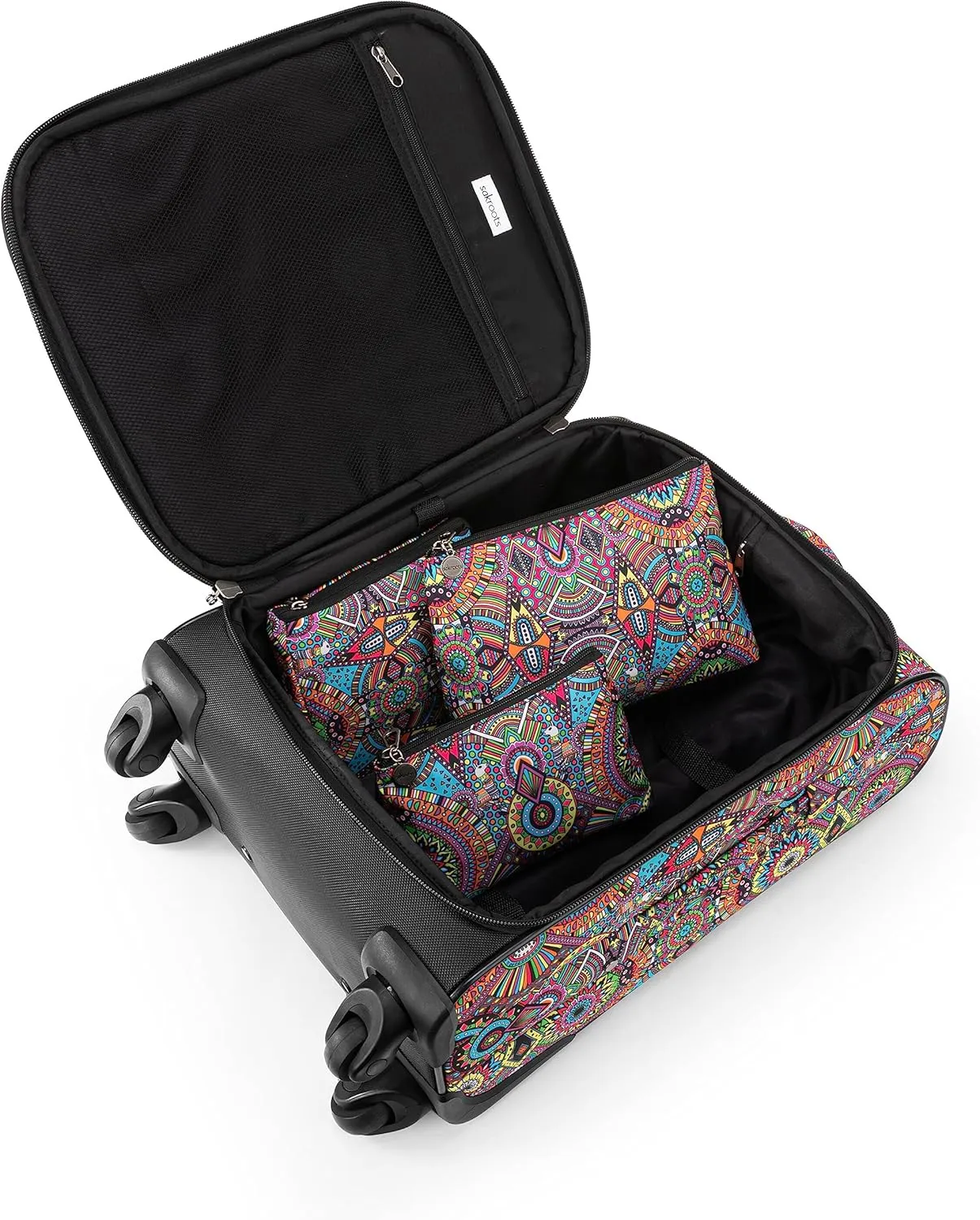 Sakroots On the Go 4 Piece Travel Bundle, Includes 21" Rolling Suitcase, Packable Large Tote, Medium & Small Pouches