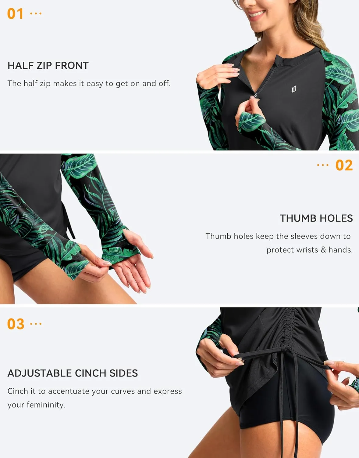 SANTINY Women's Rash Guard UPF50  SPF Long Sleeve Swimsuits Top UV Sun Protection Swim Shirts for Woman with Zip