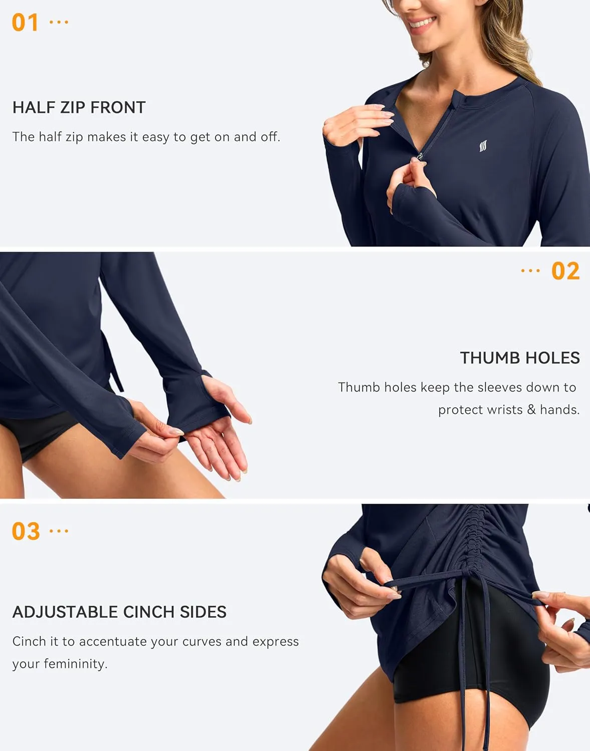 SANTINY Women's Rash Guard UPF50  SPF Long Sleeve Swimsuits Top UV Sun Protection Swim Shirts for Woman with Zip
