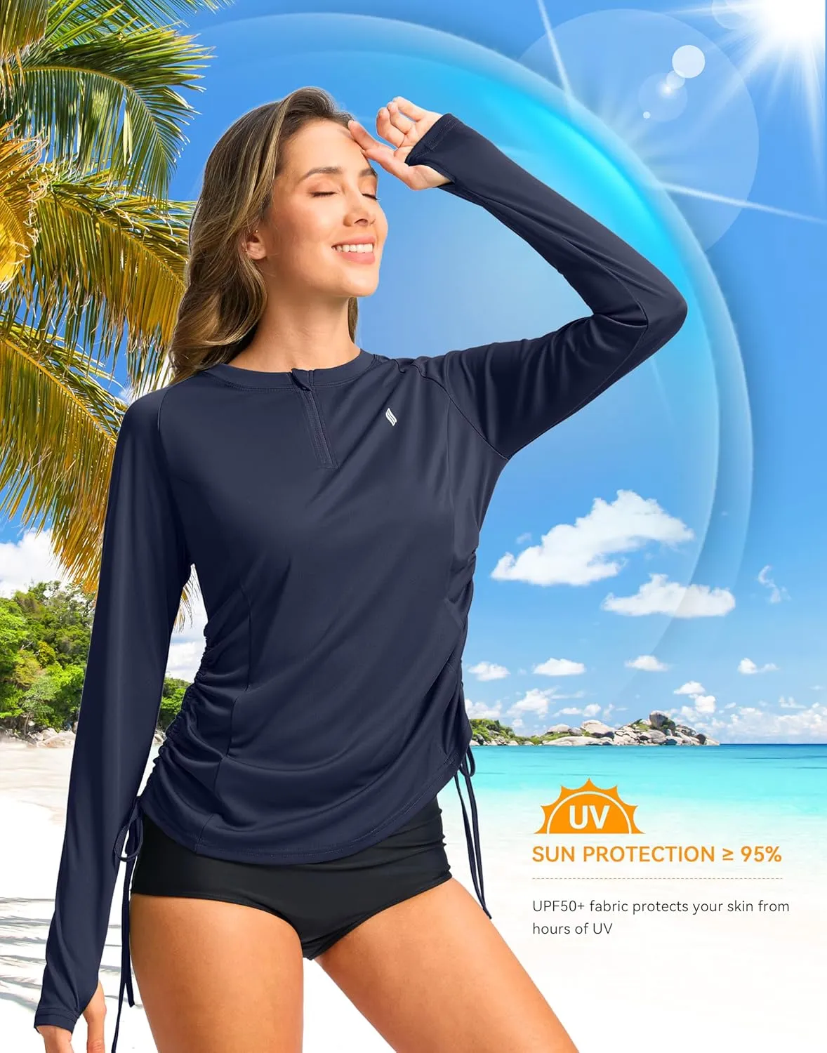 SANTINY Women's Rash Guard UPF50  SPF Long Sleeve Swimsuits Top UV Sun Protection Swim Shirts for Woman with Zip