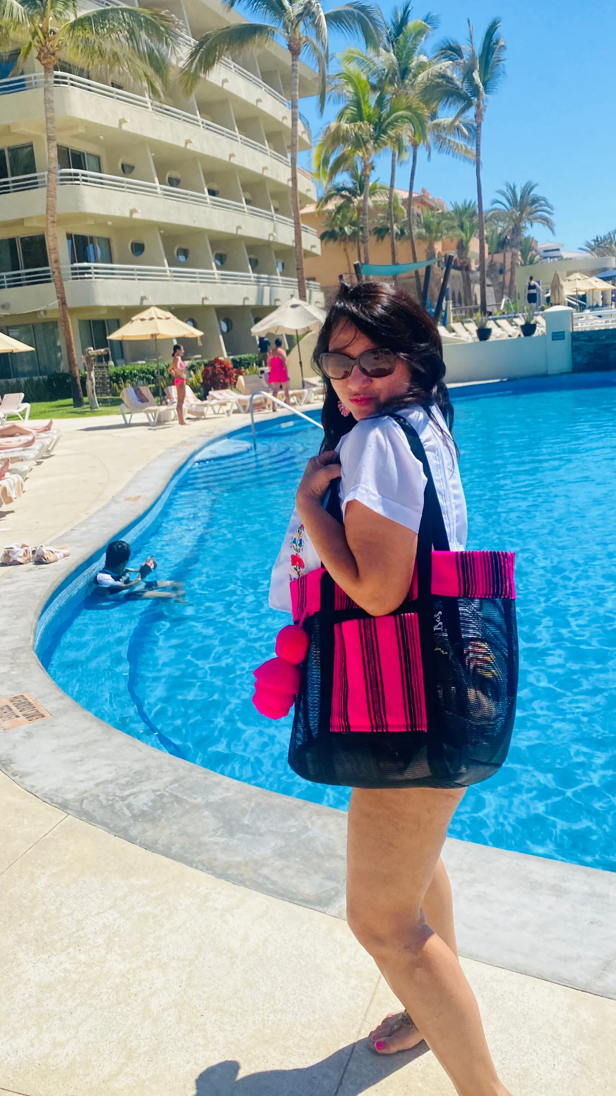Sarape Mesh Tote Bag Red w/ pompón #318