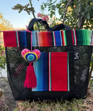Sarape Mesh Tote Bag Red w/ pompón #318