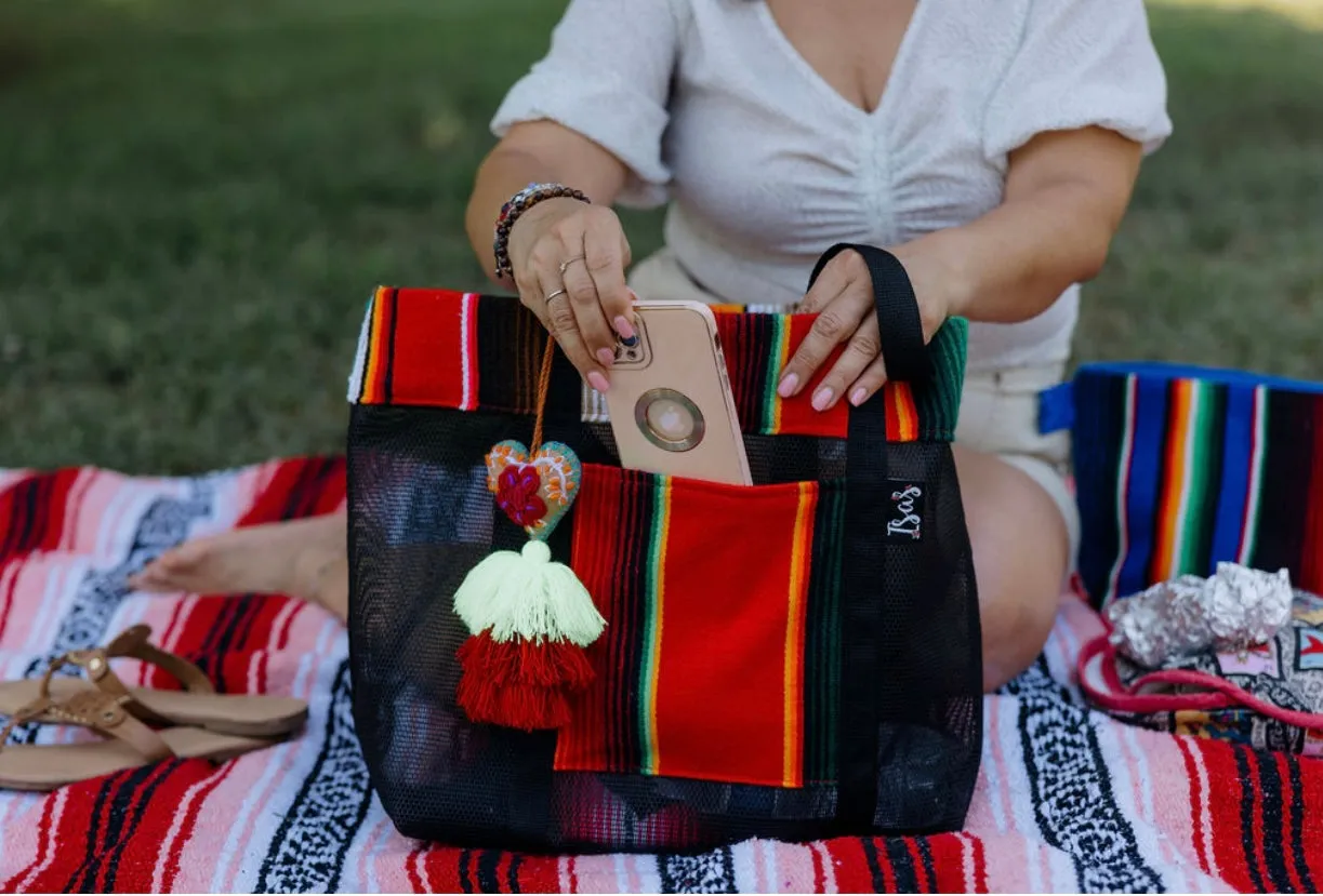 Sarape Mesh Tote Bag Red w/ pompón #318