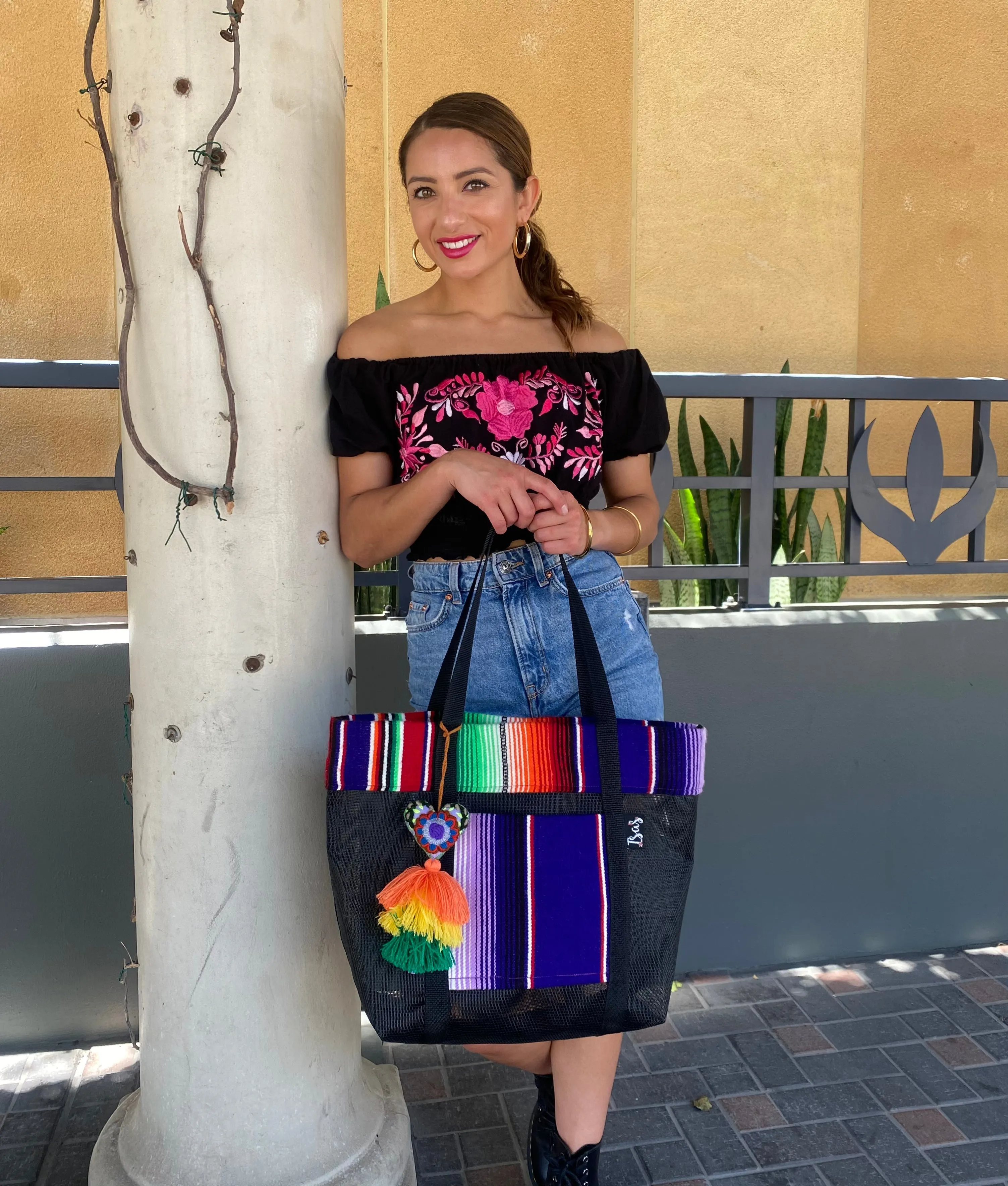 Sarape Mesh Tote Bag w/Pompón