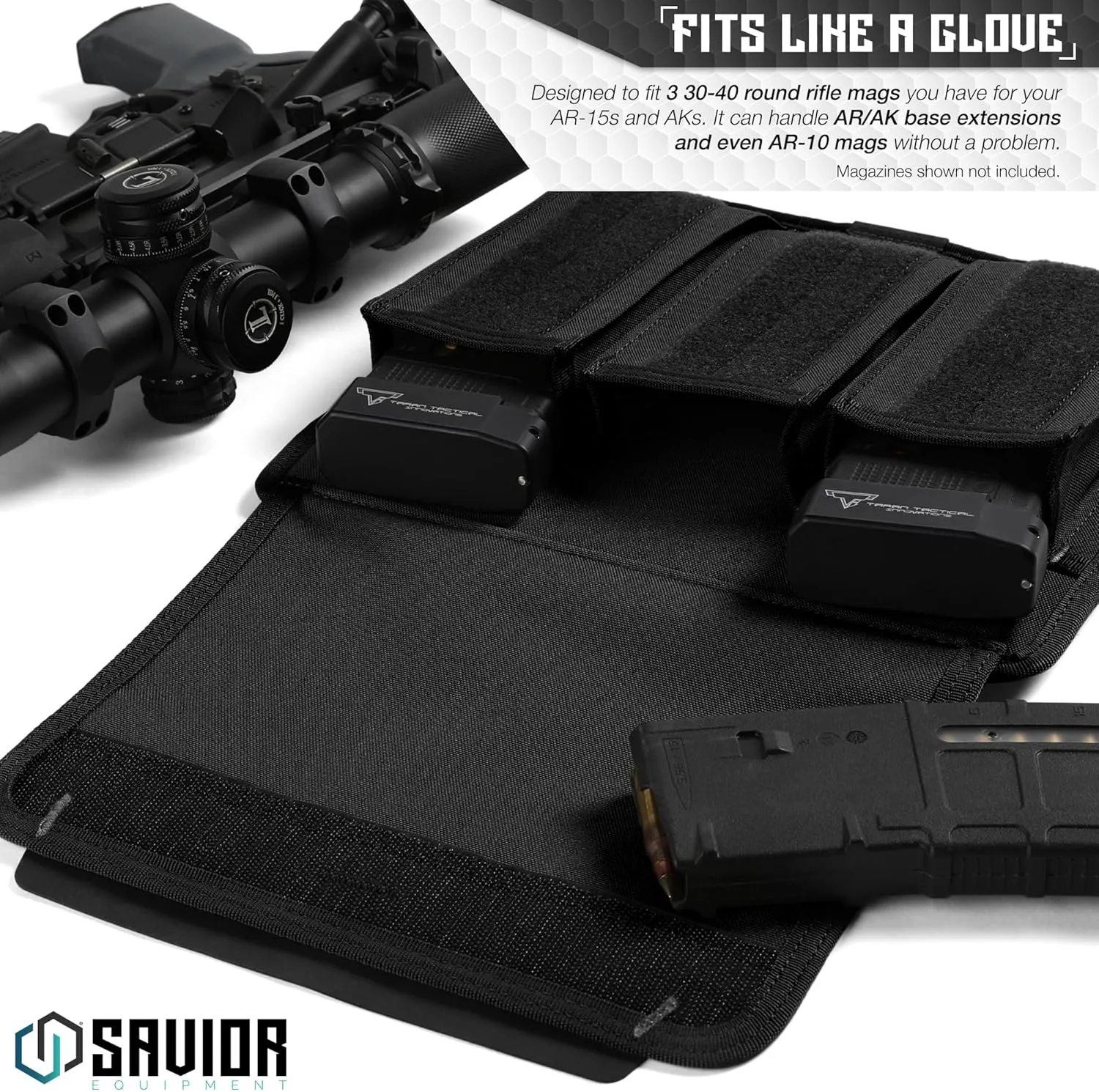 Savior Equipment Mag Buddy 2-Pack Tactical Triple Rifle Mag Pouch, Long Gun Carbine Magazine Organizer Firearm Mag Holder Transportation Carrier, 4 of ID Patches Included