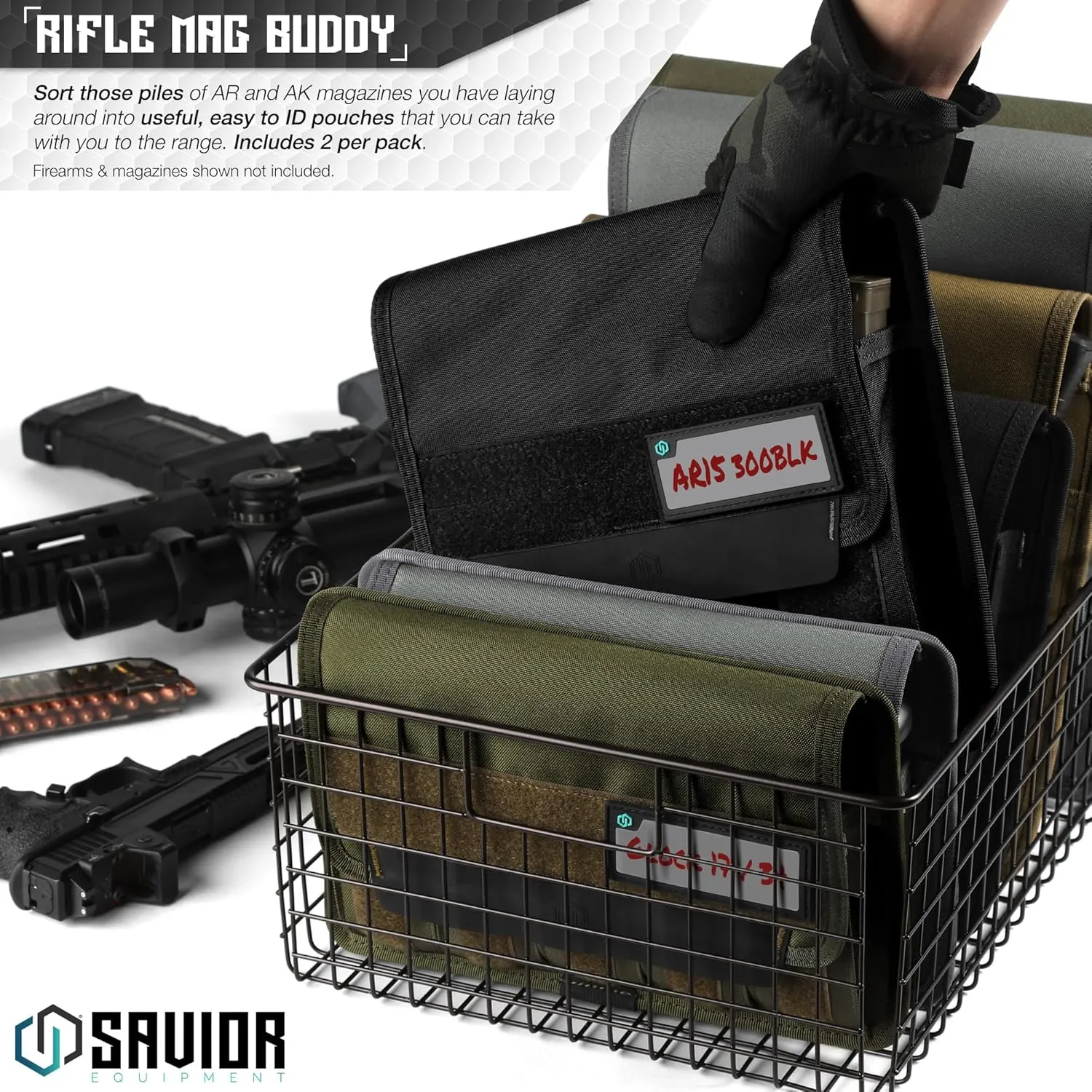 Savior Equipment Mag Buddy 2-Pack Tactical Triple Rifle Mag Pouch, Long Gun Carbine Magazine Organizer Firearm Mag Holder Transportation Carrier, 4 of ID Patches Included